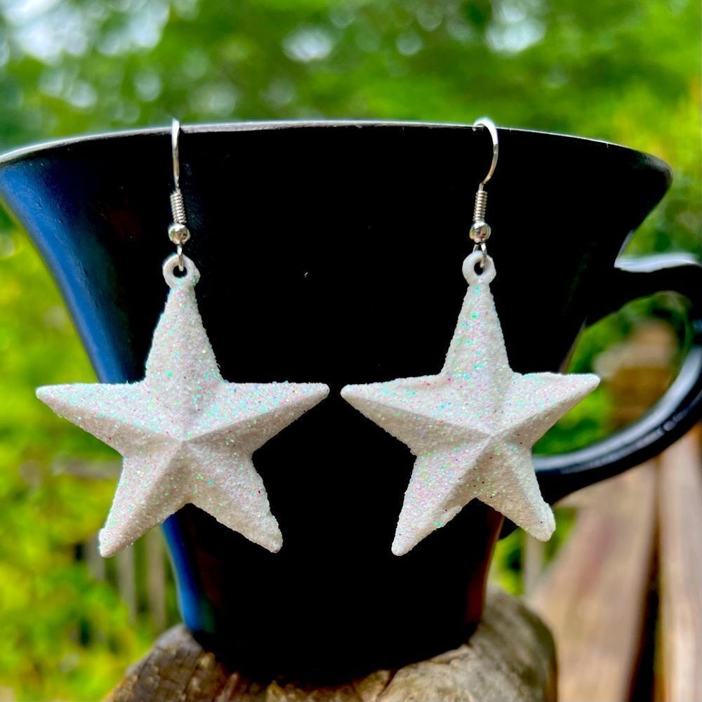 White Glitter Star Dangle Earrings